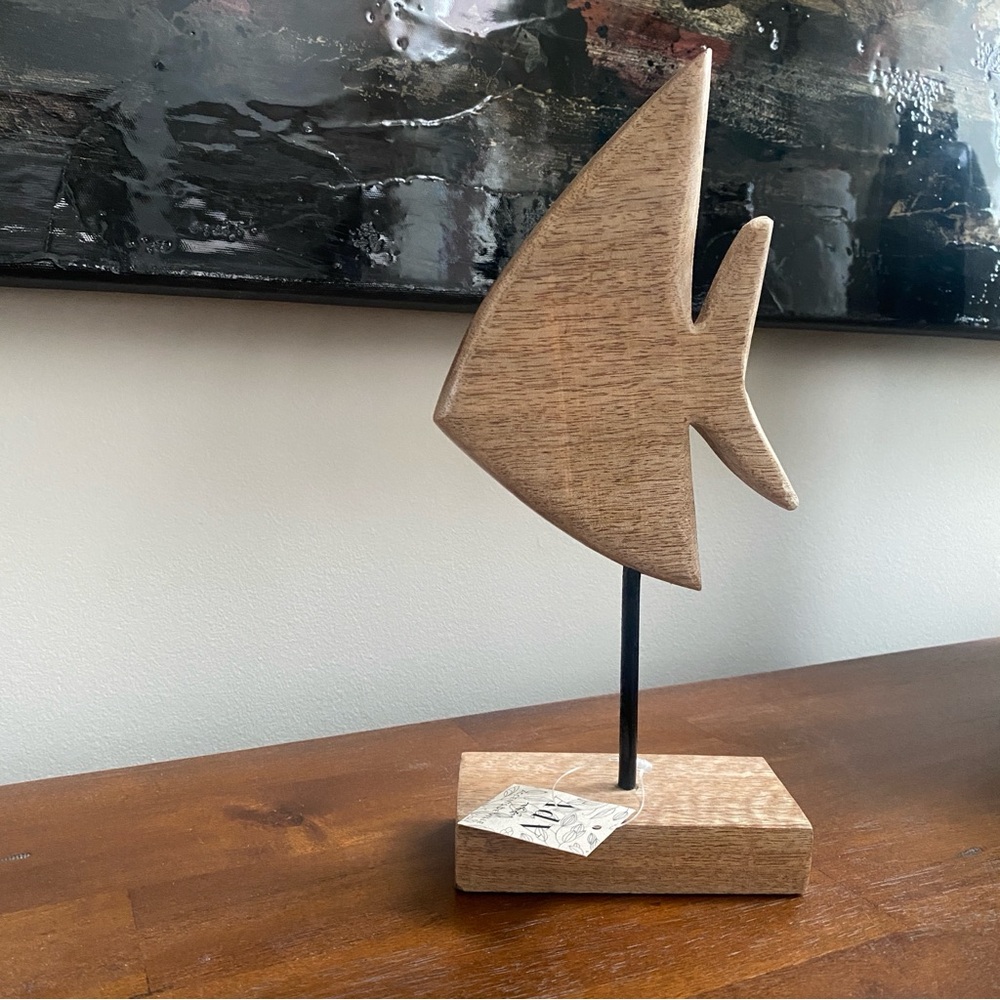 ADV Mango Wood Fish Sculpture Coastal Beach House Decor Modern Minimal Stand
